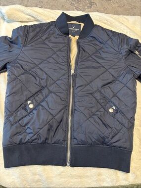 American Eagle Outfitters Navy Quilted Bomber Jacket with Rib Trim